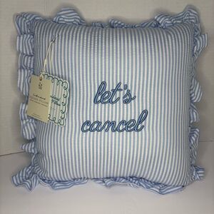 Stylehouse Embroidered Square Blue Let’s Cancel Ruffle Pillow NWT 14x14